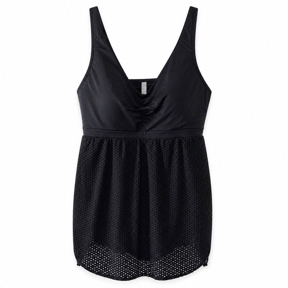 Cacique Womens 24 Swimsuit One Piece Dress Overlay Eyelet Black Cinch No Wire